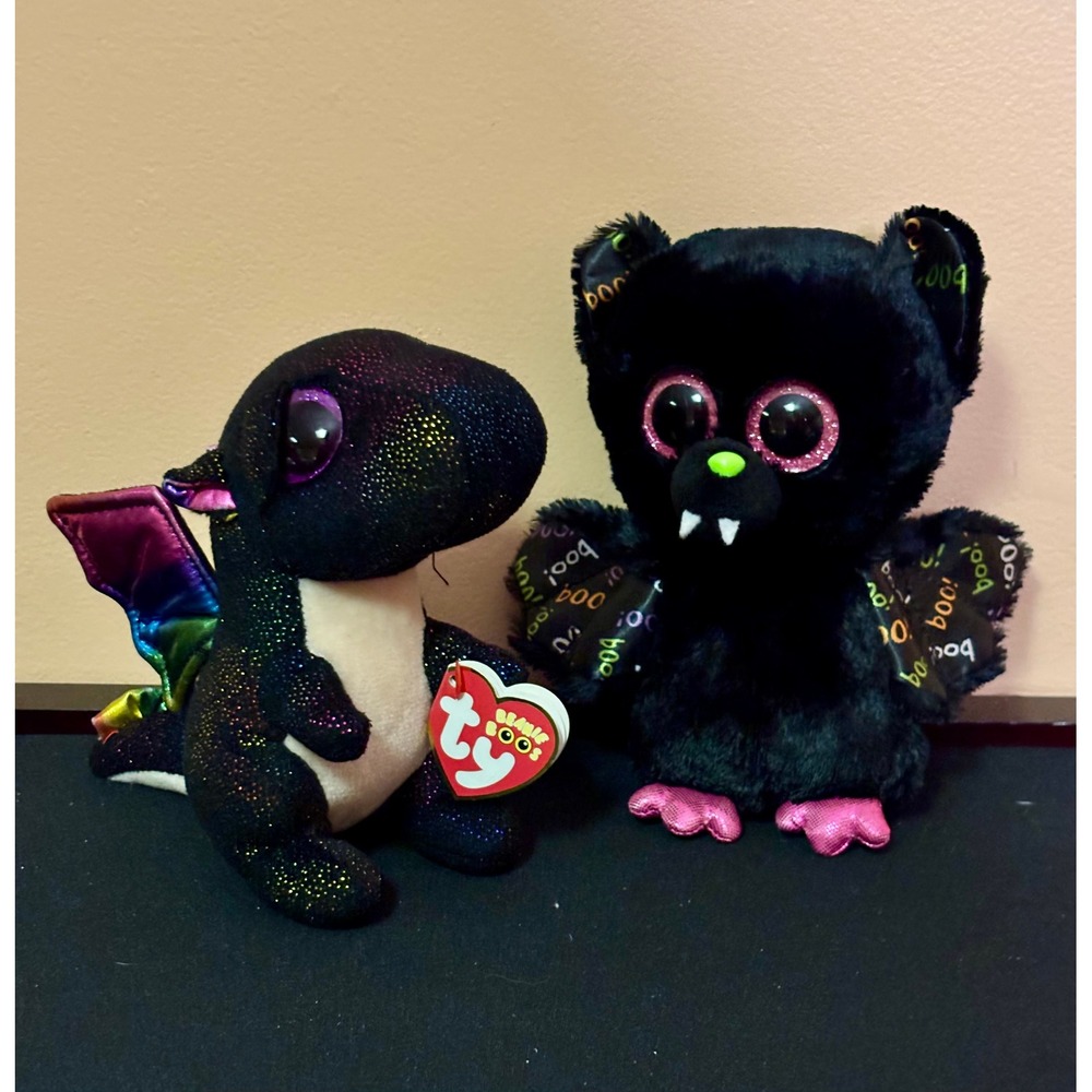 Ty Beanie Boos Anora Dragon Dart Bat Plush Set Black Rainbow Halloween 6" Lot